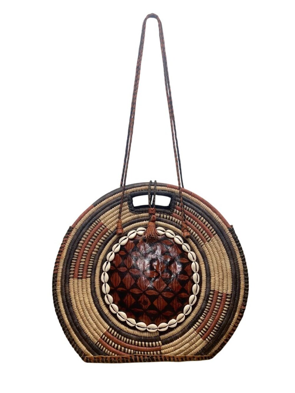 Women’s Woven Straw & Leather Multicolor Round Handbag With Cowrie Shell Trim